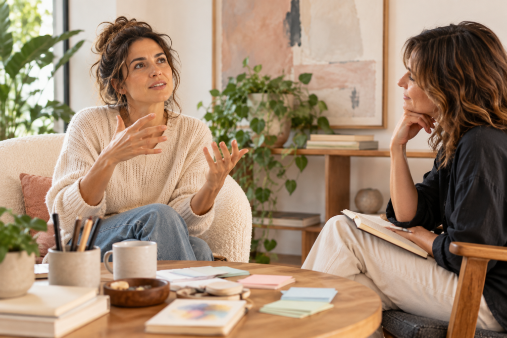 Persona hablando con otra al lado de una mesa con elementos diversos. La segunda persona presta atención ¿Qué es el coaching? Una guía clara para entender de qué se trata
the artistic coaching tool box
