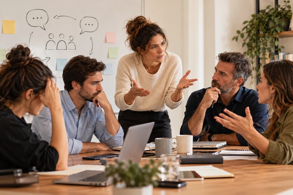 mujer hablando con un equipo de trabajo que se muestra preocupado coaching para empresas the artistic coaching tool box