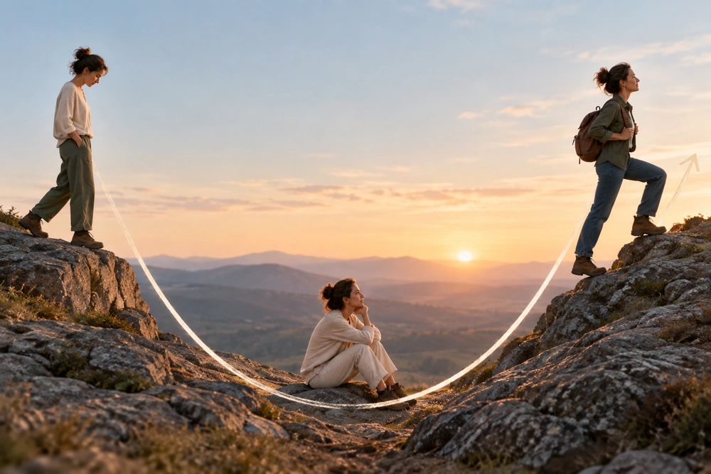 Mujer que camina por una endidura de la montaña, aparece sentada en la mitad y luego escala para salir de fondo hay un atardecer crisis de los 40 the artistic coaching tool box